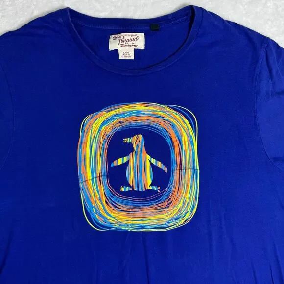 Original Penguin Graphic T-Shirt Blue Short Sleeve Men's L Colorful Logo Cotton - Picture 4 of 7